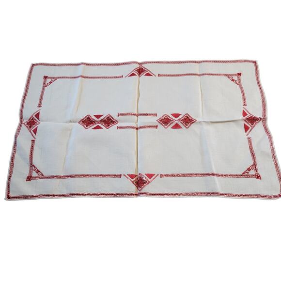 Vintage Red Embroidered Linen Table Runner, Placemats, Napkins & Coasters Set - Picture 3 of 16